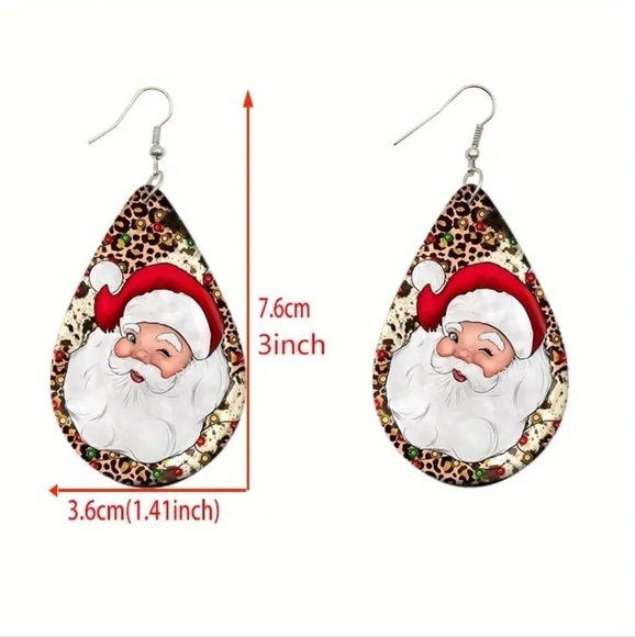 Whimsical Santa Claus Teardrop Wooden Drop Dangle Earrings - Picture 3 of 4